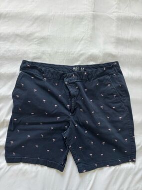 Izod Navy Flat-Front Shorts with Pink Flamingo Embroidery